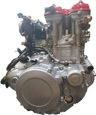 Silver motorcycle engine with red cylinder head, the photograph used for SWM400, SWM500, and SWM650